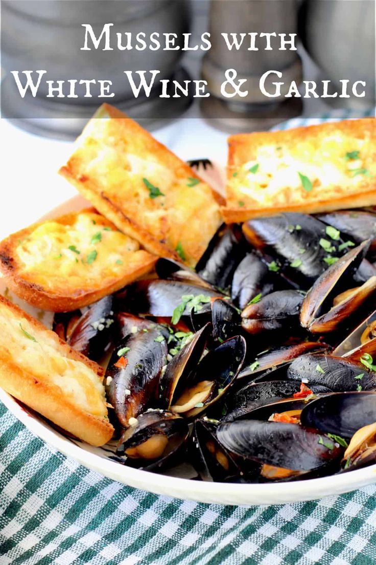 mussels with white wine and garlic in a bowl