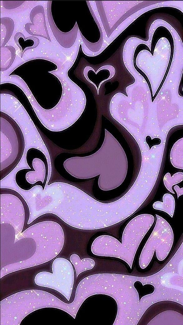 an abstract painting with hearts in purple and black