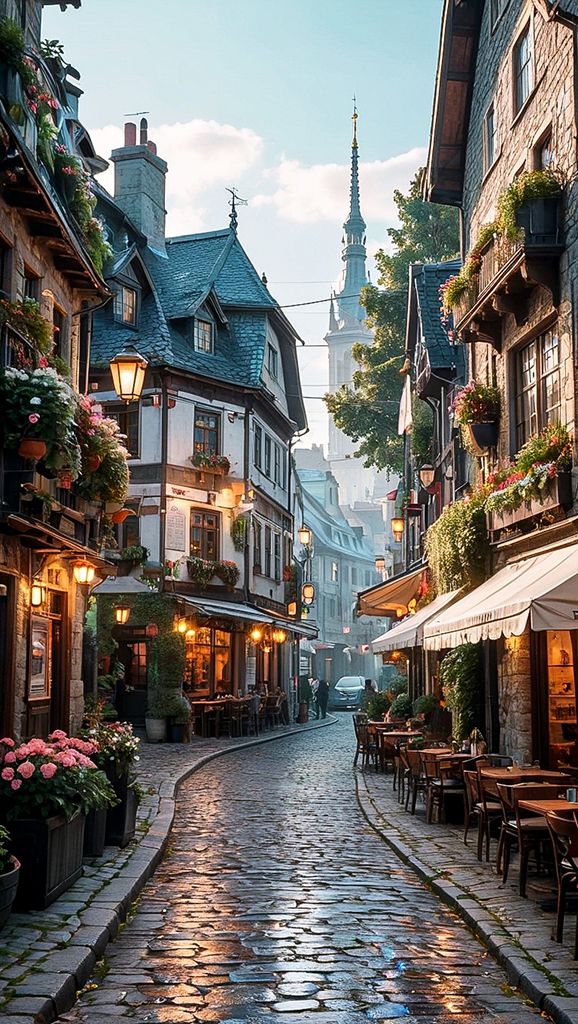 a cobblestone street with tables and chairs on both sides in an old european town