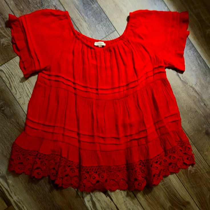 Never Worn Red Off The Shoulder Shirt With Lace Detail Red Bohemian Short Sleeve Tops, Casual Red Tops For Day Out, Red Cotton Vacation Tops, Red Short Sleeve Blouse For Vacation, Vacation Red Short Sleeve Blouse, Red Cotton Tops For Vacation, Red Short Sleeve Top For Day Out, Red Spring Vacation Tops, Red Spring Vacation Top