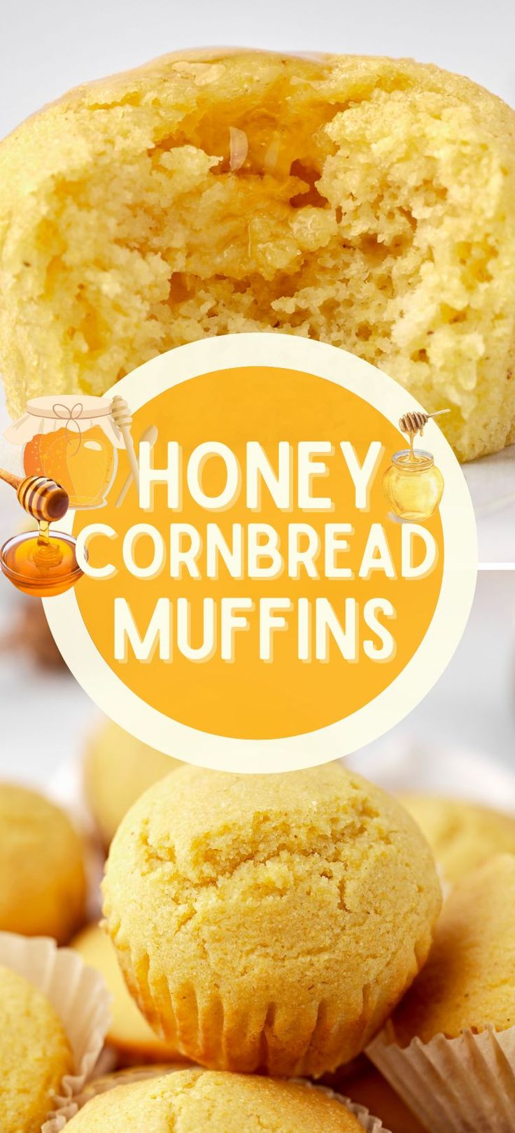 some muffins are stacked on top of each other with the words honey cornbread muffins above them