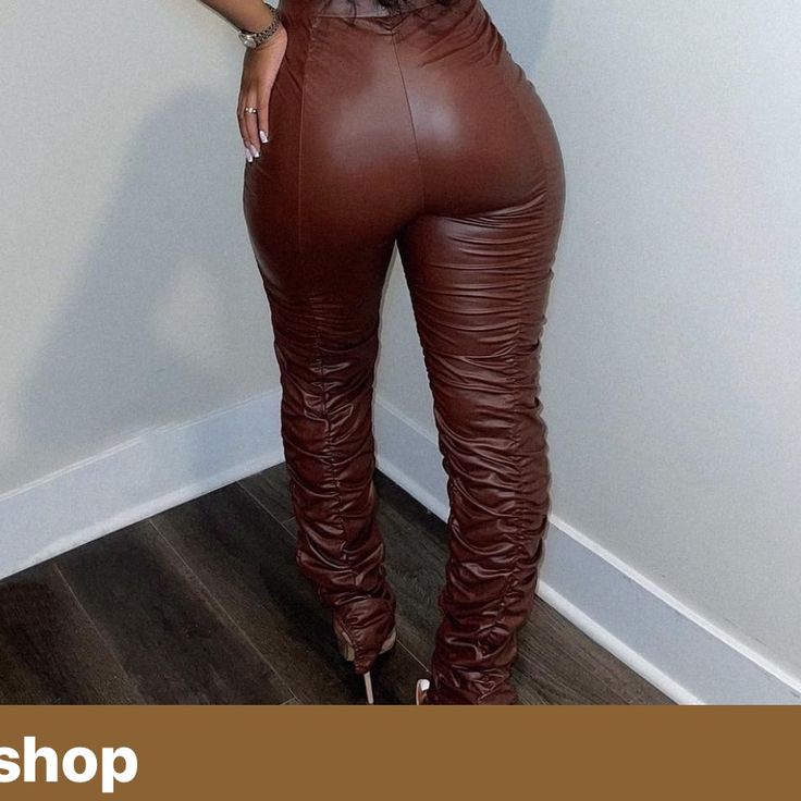 Super Stretchy Cute High Waist Leggings. Casual High Waist Fitted Leather Pants, Fitted High Waist Leather Pants Casual Style, Casual Fitted High Waist Leather Pants, Casual Fitted Brown Bottoms, Casual Stretch Leather Pants, Trendy Stretch Brown Bottoms, Trendy Brown Stretch Bottoms, Casual High Waist Tight Leather Pants, Casual Stretch Leather Trousers