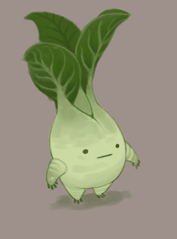 an illustration of a green onion with leaves on it's head and eyes, standing in front of a gray background