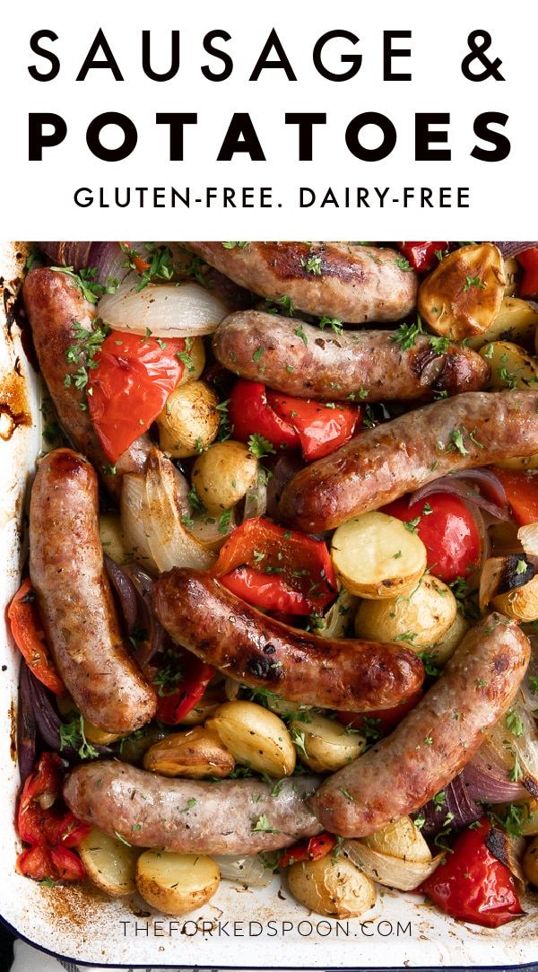 sausage and potatoes in a pan with text overlay