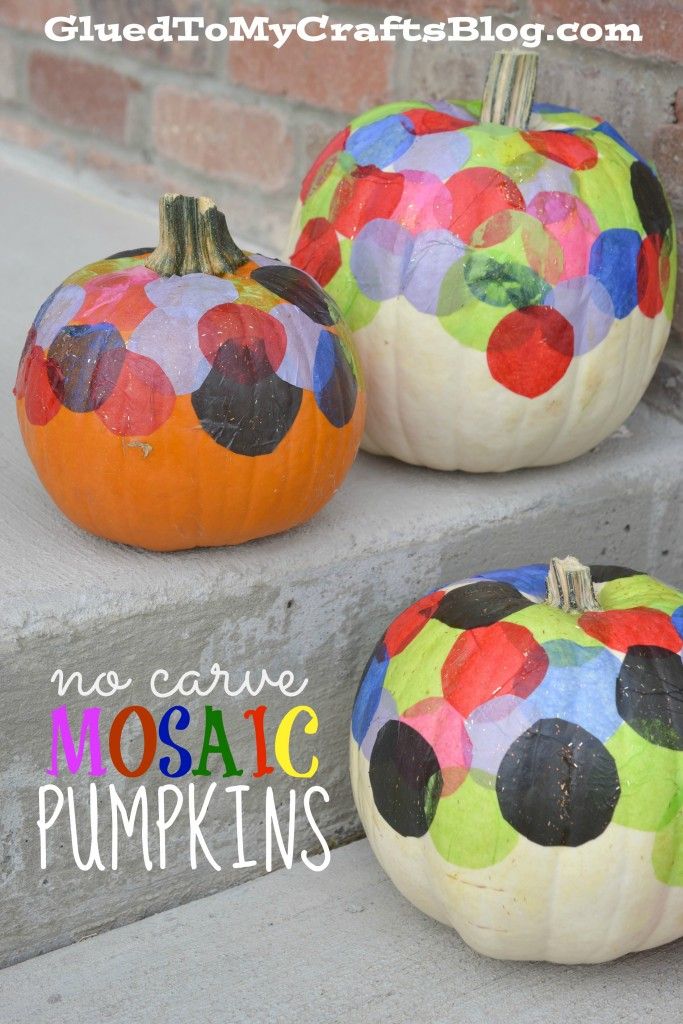 two painted pumpkins sitting on the steps with words reading no carve mosaic pumpkins