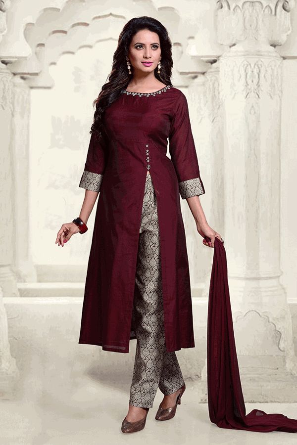 Wine Suit, Anarkali Salwar Suits, Silk Kurti Designs, Designer Salwar Kameez, Anarkali Salwar, Indian Designer Suits, Salwar Designs, Kurti Designs Latest, Long Kurti Designs