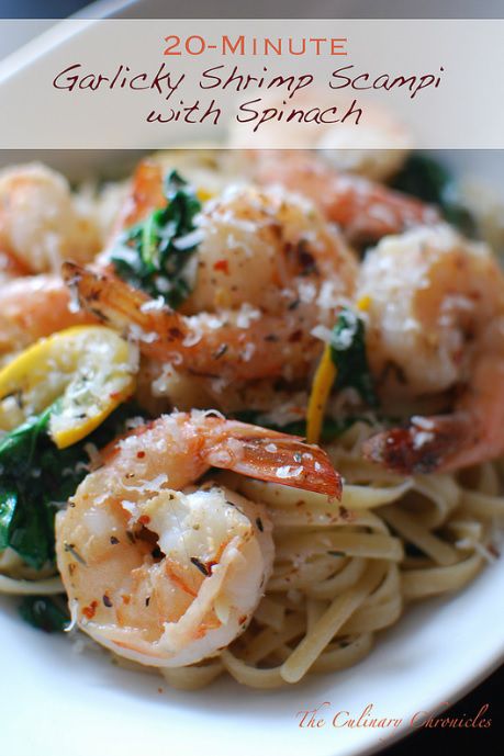 shrimp scampp with spinach and lemon sauce on a white plate in front of the caption reads 20 minute garnish shrimp scampp with spinach