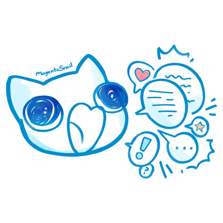 a blue and white drawing of a cat's face with its eyes closed, surrounded by other items