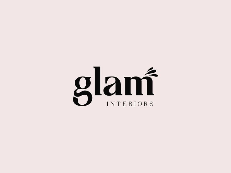 the glam interiors logo is shown in black on a light pink background with an orange and