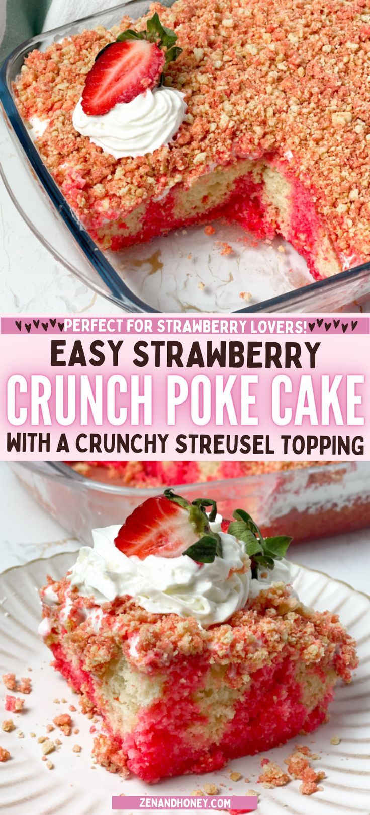 Strawberry crunch poke cake that your friends will ask you to make for every celebration, I am telling you. Made with white cake mix, strawberry jello, golden Oreo cookies, fresh strawberries and heavy whipping cream. The perfect combination for a homemade poke cake. Poke Cake Strawberry, Poke Cake Recipes Jello, Strawberry Crunch Poke Cake, Best Easy Dessert, Golden Oreo Cookies, Homemade Poke, Strawberry Jello Cake, Strawberry Poke Cake, Poke Cake Jello