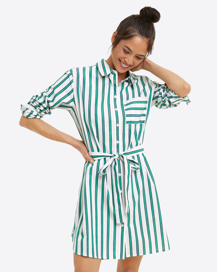 Carly Shirtdress in Bold Green Stripe �– Draper James Turtleneck Midi Dress, Colorful Outfit, Tent Sale, Circle Dress, Casual White Dress, Ponte Dress, Draper James, Chambray Dress, Stretchy Dress