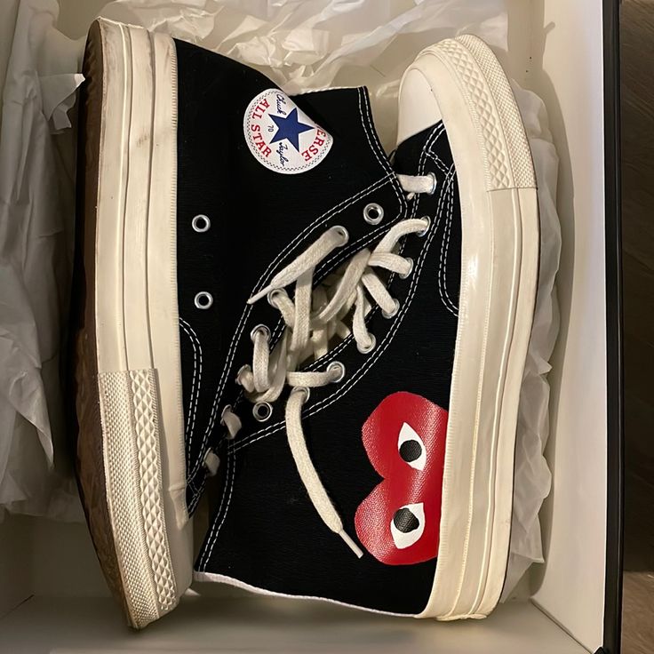 Black/White High Top Comme Does Garons Play X Converse Converse X Comme Des Garcons, Cdg Converse, All Black Converse, Play X Converse, Play Converse, Garcons Converse, Comme Des Garcons Converse, Red Trainers, Blue Converse