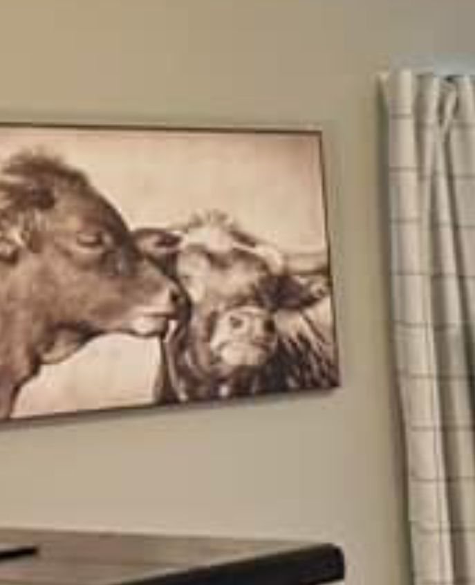 a cow painting hanging on the wall next to a window