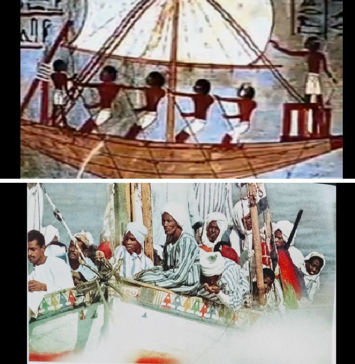 two pictures side by side one with people on a boat and the other with men in white