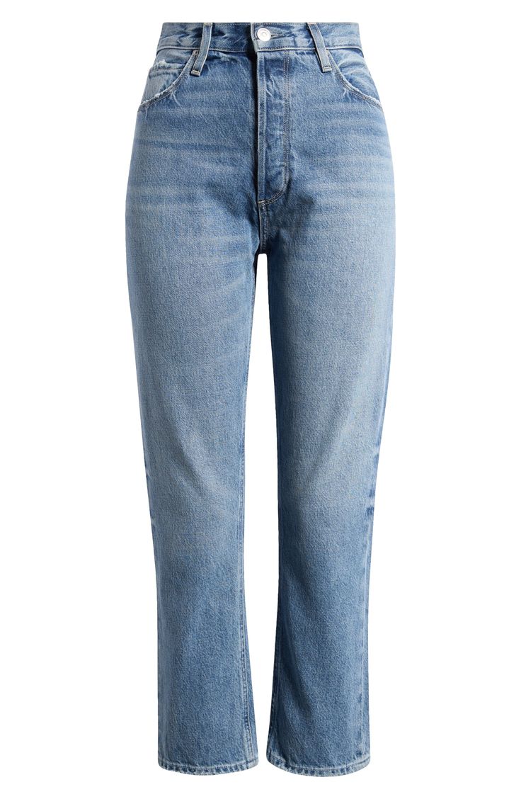 A high-rise waist tops these ankle-length jeans made from nonstretch denim with straight legs and classic fading. 26 1/2" inseam; 14" leg opening; 12 1/2" front rise; 14 1/2" back rise (size 29) Zip fly with button closure Five-pocket style 100% cotton Machine wash, line dry Made in the USA Medium Wash Cropped Mom Jeans, Medium Wash Mom Fit Cropped Jeans, Mom Fit Cropped Leg Medium Wash Jeans, Light Wash Cropped Mom Jeans, Medium Wash Mom Fit Mid-rise Cropped Jeans, Spring Medium Wash Mom Fit Cropped Jeans, Classic Mid-rise Cropped Denim Jeans, Spring Mom Fit Medium Wash Cropped Jeans, Medium Wash Straight Cropped Mom Jeans