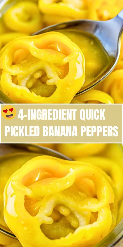 four ingredient quick pickled banana peppers in a glass bowl with spoons and text overlay