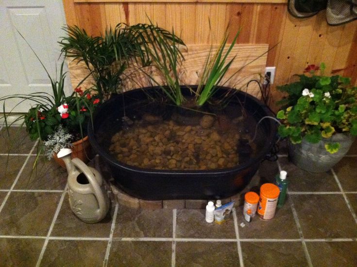 a tub filled with lots of plants sitting on top of a tiled floor