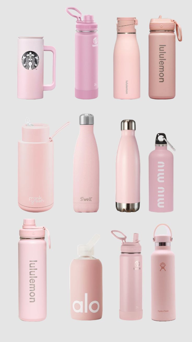 thermos, water bottles and cups are all in pastel pinks on a gray background