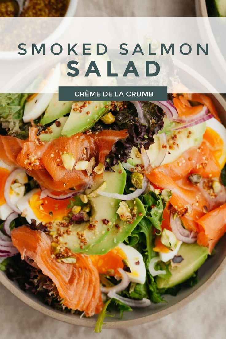 smoked salmon salad with creme de la crumbs in a bowl on a table