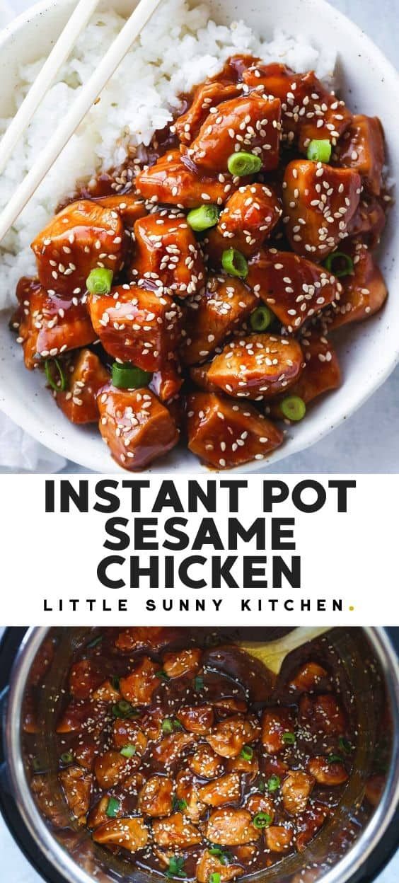 instant pot sesame chicken with rice and chopsticks