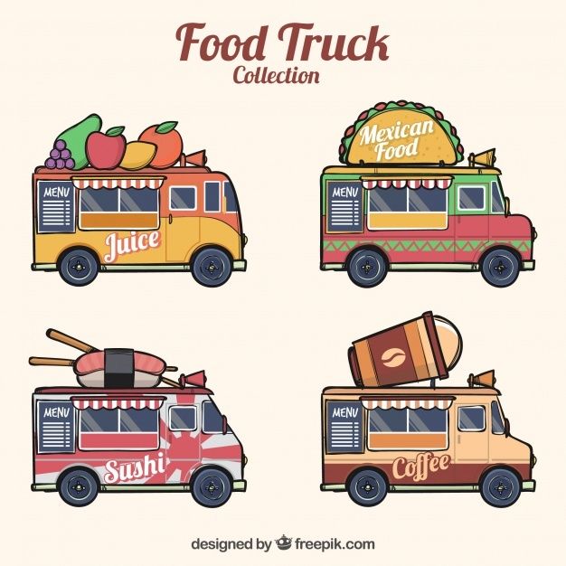 four food trucks with different types of food on top and bottom, all in different colors