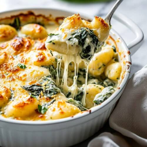 a close up of a casserole with broccoli and cheese being lifted from it