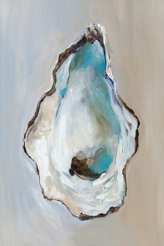 a painting of an oyster shell on a gray background with blue and white paint strokes