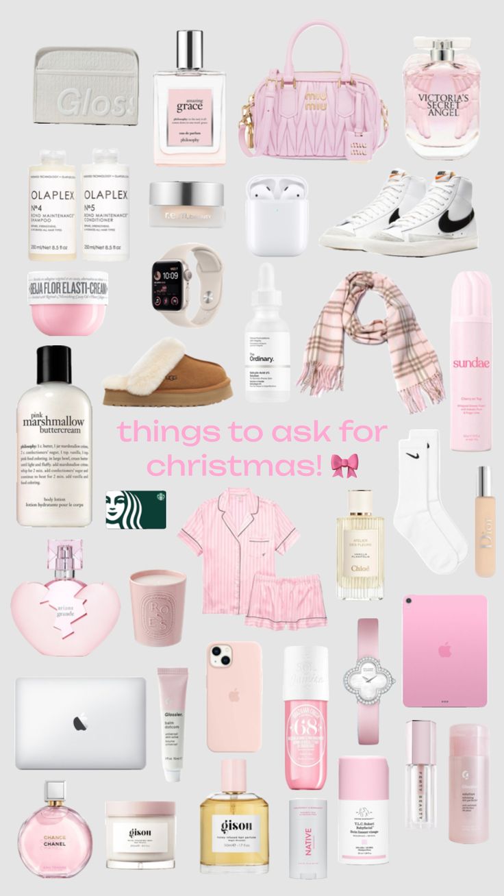 the words things to ask for christmas are shown in pink and white, with many different items