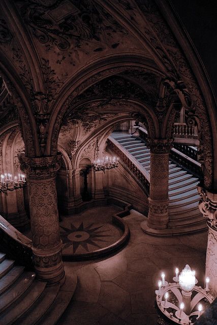 the chandelier is hanging from the ceiling above the stairs in this ornate building