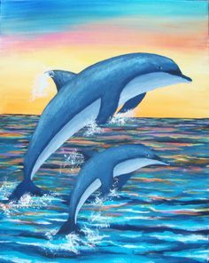 two dolphins are jumping out of the water at sunset in this acrylic painting