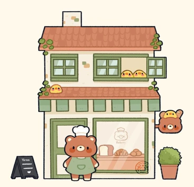 a cartoon bear standing in front of a house with an oven on the roof and potted plants next to it