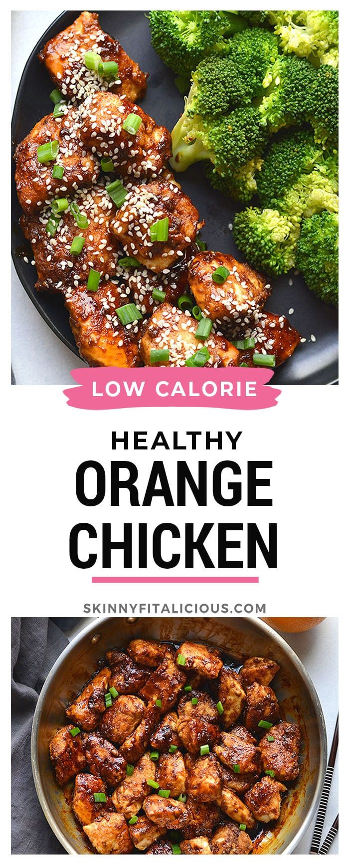 healthy orange chicken with broccoli in the background and text overlay that reads low calorie healthy orange chicken