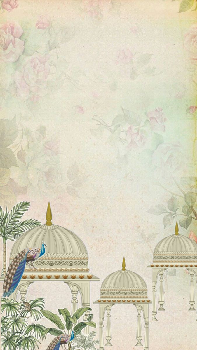 an ornate background with peacocks and flowers in the foreground, surrounded by palm trees