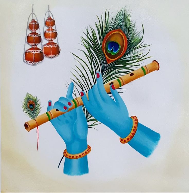 an artistic painting of two hands holding a flute and peacock feathers, surrounded by other items