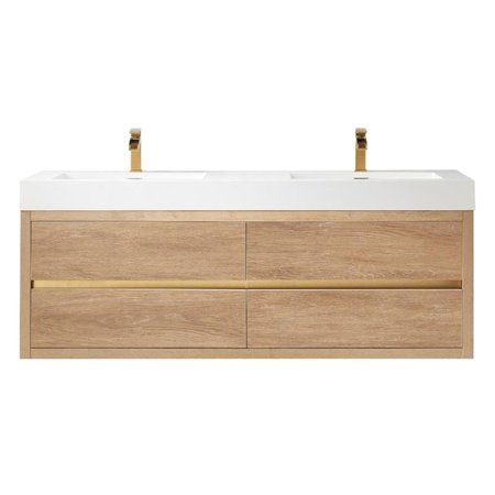 an image of a bathroom vanity with two sinks on the top and one drawer open