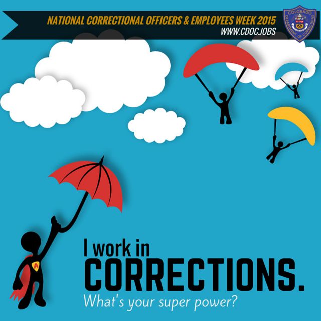 a poster with people holding umbrellas in the air and clouds above them that says, i work in corrections what's your super power?