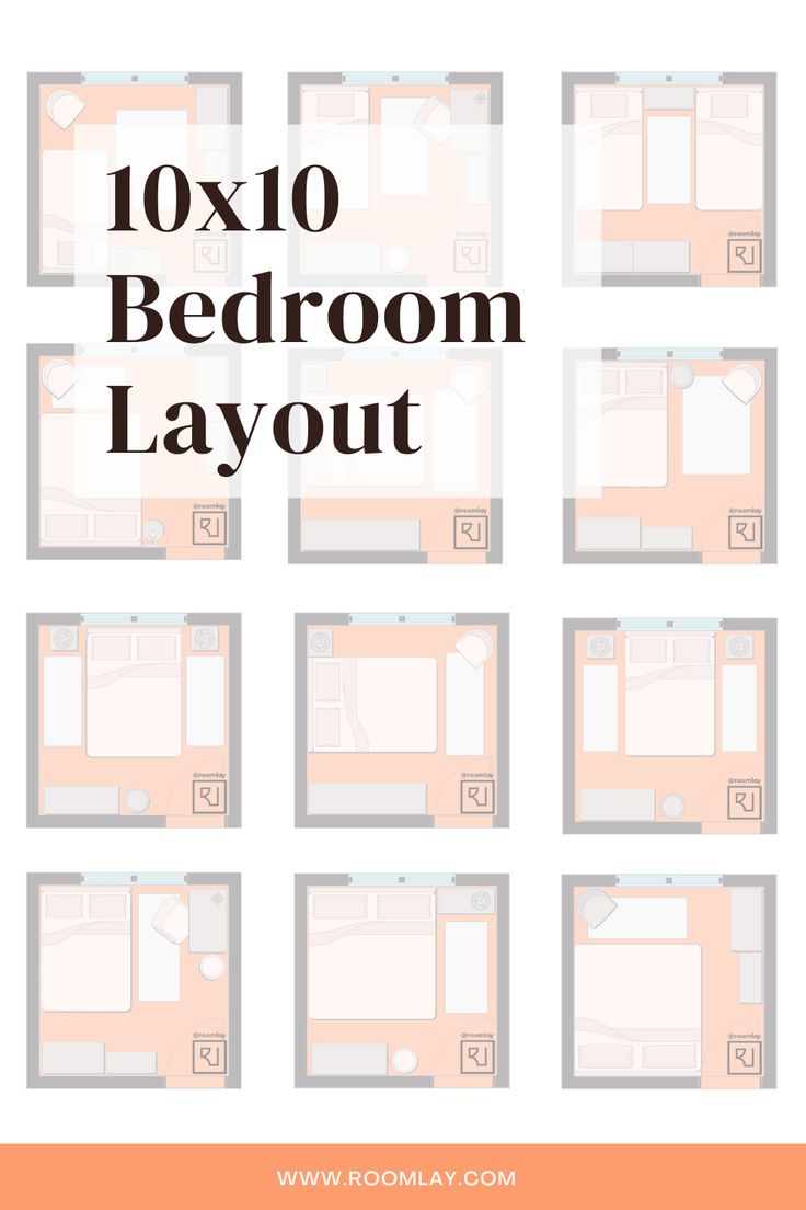 the 10x10 bedroom layout is shown in orange and white, with text overlaying