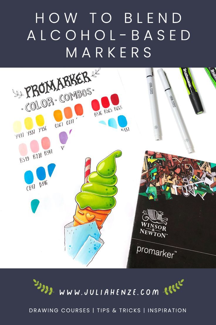 Promo for an article where you wil learn how to blend alcohol-based markers. There are some Promarker and Promarker Brush on the table, Color Charts, a drawing of a pistachio icecream and Winsor and Newton paper block. What Is An Alcoholic, Blending Markers, Drawing Course, First Then, Sketch Markers, Copic Coloring, Alcohol Markers, Useful Tips, Marker Pen