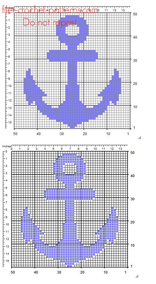 two cross stitch patterns with an anchor on one side and the other half in blue