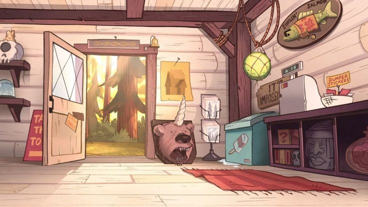 a cartoon bear sitting in the doorway of a room with lots of stuff on the floor