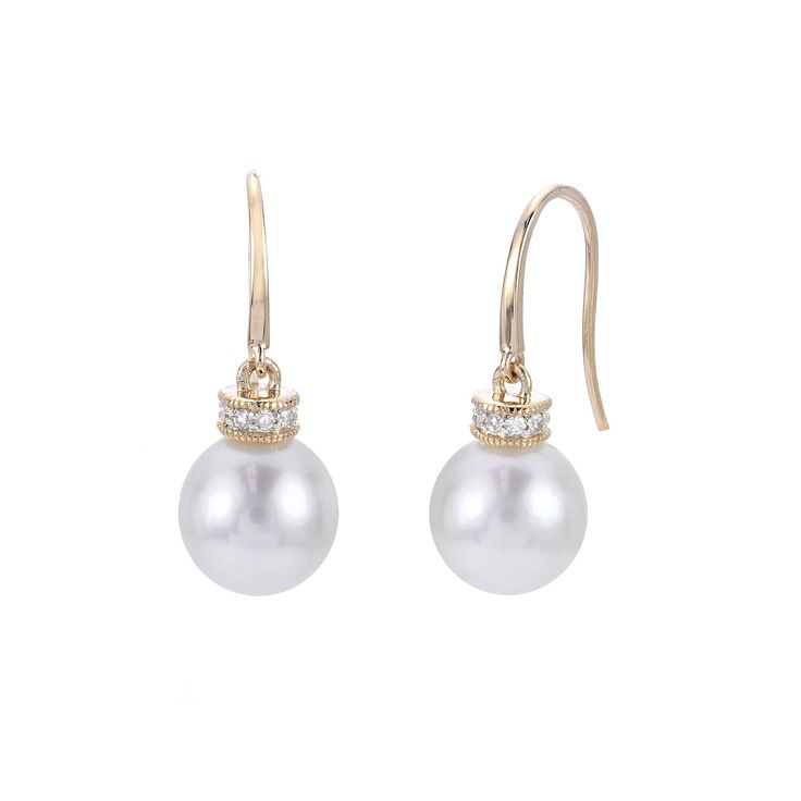 Decorated with luminous freshwater cultured pearls and diamond accents, these PearLustre by Imperial earrings offer a timeless look that will never go out of style.Click on this JEWELRY & WATCHES GUIDE to learn about fit, styles, materials and more! Metal: 14k gold Backings: wire Packaging: boxed Finish: polished Length: 1 in.DIAMOND DETAILS Total weight: less than 1/10 ct. Shape: round Setting: paveCULTURED PEARL DETAILS Type: freshwater Size: 9 mm - 9.5 mm Shape: round Color: white Diamond weights are approximate. Diamond Total Weights may vary between .01 and .13 ct. Some diamonds consist of fewer than 17 facets. Gemstones may have been treated to enhance their appearance. Special care may be required. Please visit our Gemstone Treatment & Special Care Guide for more information. Image( Classic Diamond Pearl Earrings With Elegant Design, Classic Pearl Earrings With Diamond, Elegant Diamond Earrings With Pearl Drop, Elegant Pearl White Earrings With High Luster, Elegant Pearl Drop Diamond Earrings, Elegant Formal Diamond Earrings With Pearl Drop, Elegant Yellow Gold Round Pearl Earrings, Formal Akoya Pearl Earrings With High Luster, Elegant Yellow Gold Pearl Earrings