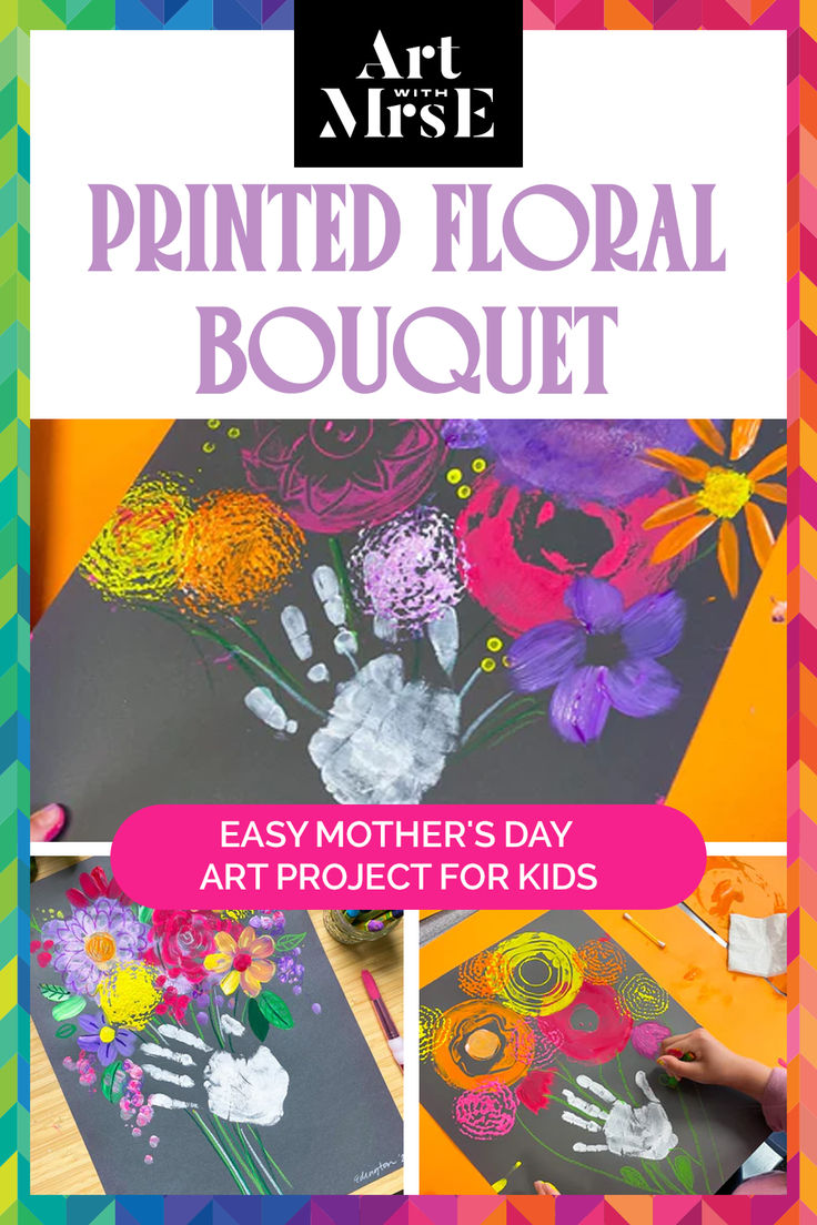 Three examples of beautiful and colorful printed art flower bouquets personalized for Mom with their child's hand print as the bow around the flowers. Mother's Day Art, Spring Art Projects, Art Project For Kids, Bouquet Art, Mixed Media Art Projects, Project For Kids, Painting Art Lesson, Spring Painting, Printed Art