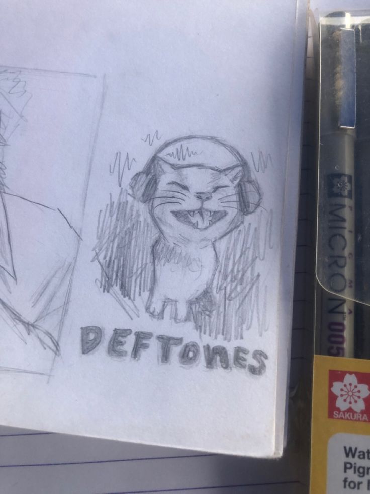 a drawing of a cat with headphones on next to a pencil and eraser