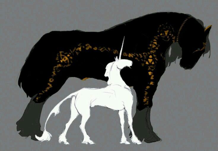 an image of a unicorn and a horse in black and gold colors on a gray background