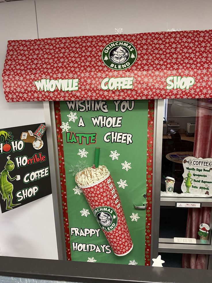 a starbucks coffee shop door decorated for christmas