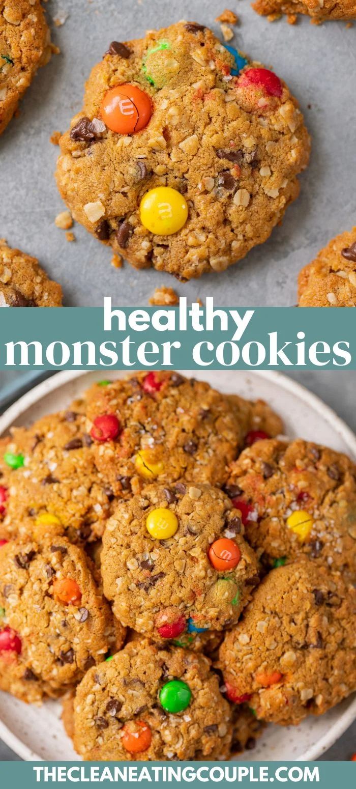 cookies with m & m's on top and the words healthy monster cookies above them