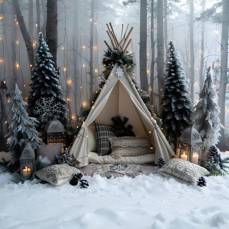 a teepee tent in the snow surrounded by christmas trees and decorations with lights on them