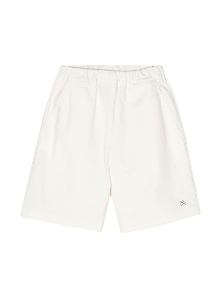 ivory white cotton blend stretch-design twill weave elasticated waistband two diagonal pockets to the sides pull-on style White Cotton Shorts For Loungewear, White Short Bottoms With Ribbed Waistband, White Bottoms With Ribbed Waistband And Short Shape, White High-waisted Shorts With Side Pockets, White Cotton Shorts With Ribbed Waistband, Casual White Cotton Shorts, White Shorts With Ribbed Waistband, White Loungewear Shorts With Ribbed Waistband, White Relaxed Fit Shorts With Side Pockets