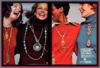 1974 Trifari Ad with Shelley (Hack) ad shows "how to wear a sweater with Trifari"