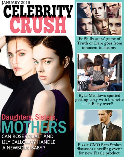 the cover of celebrity crush magazine with photos of two women and one man in black